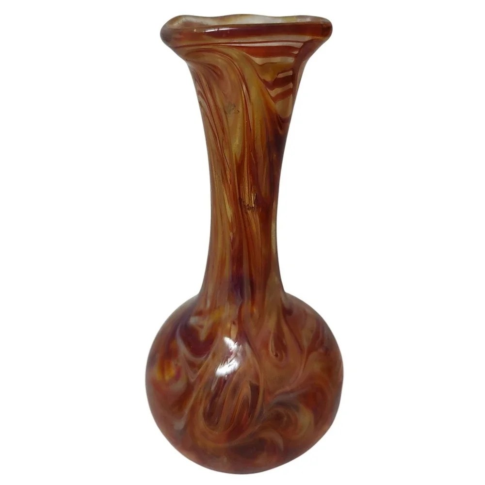 Hand Blown Glass Mini Vase With Orange‎ Swirl Design Vintage 4.5 Inches